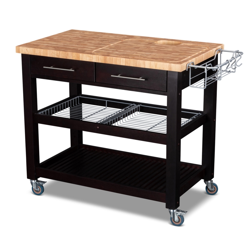 Mobile Butcher Block Island with Espresso Finish and Wire Baskets