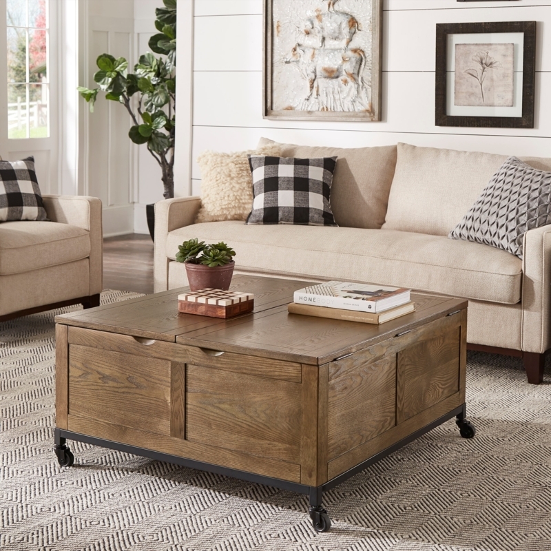 Mobile Coffee Table With Casters Square Trunk Split Top Design