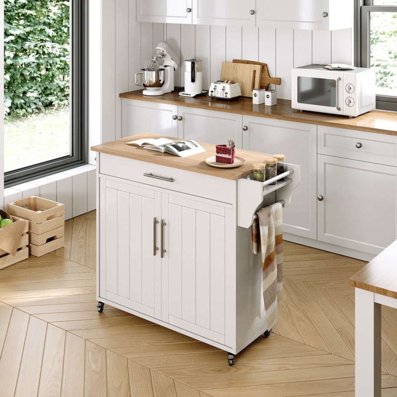 Mobile Food Prep Station, White Cart with Towel Bar and Side Rack