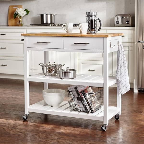 Mobile Kitchen Cart Butcher Block Top with Slatted Shelves Hooks