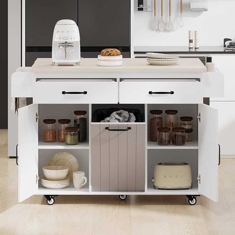 Mobile Kitchen Cart with Drop Leaf and Trash Storage, White