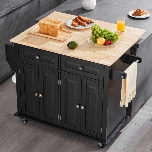 Mobile Kitchen Cart with Four-Door Cabinet & Drop-Leaf, Black Matte