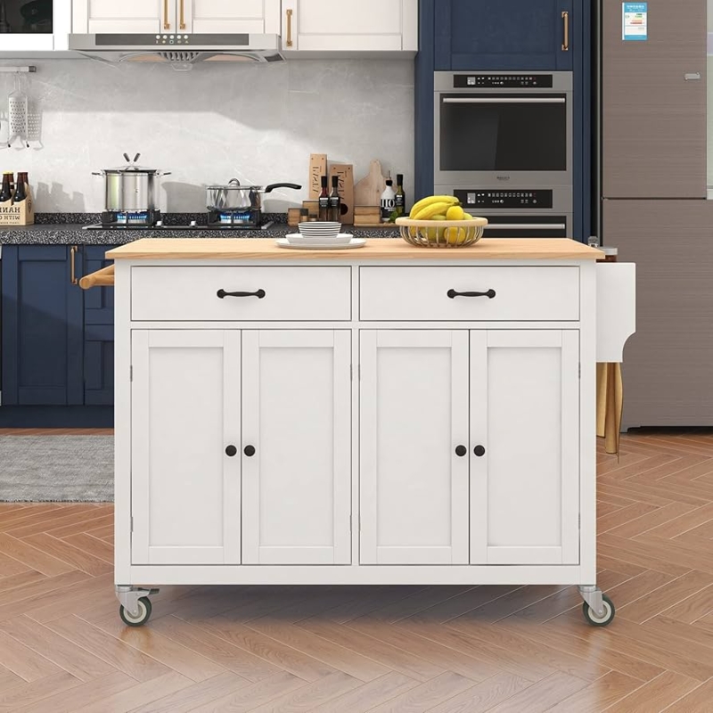 Mobile Kitchen Island Cart White Four-Door Shaker Cabinet Storage