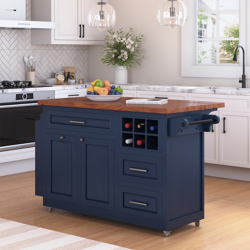 Mobile Kitchen Island featuring Integrated Wine Rack Storage