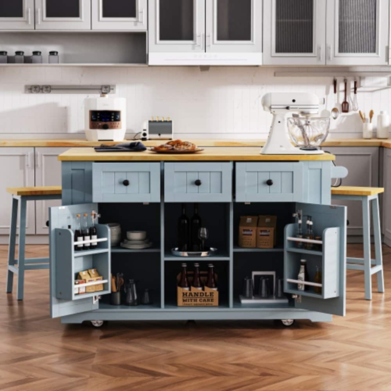 Mobile Kitchen Island, Light Blue Finish, Door-Mounted Spice Racks