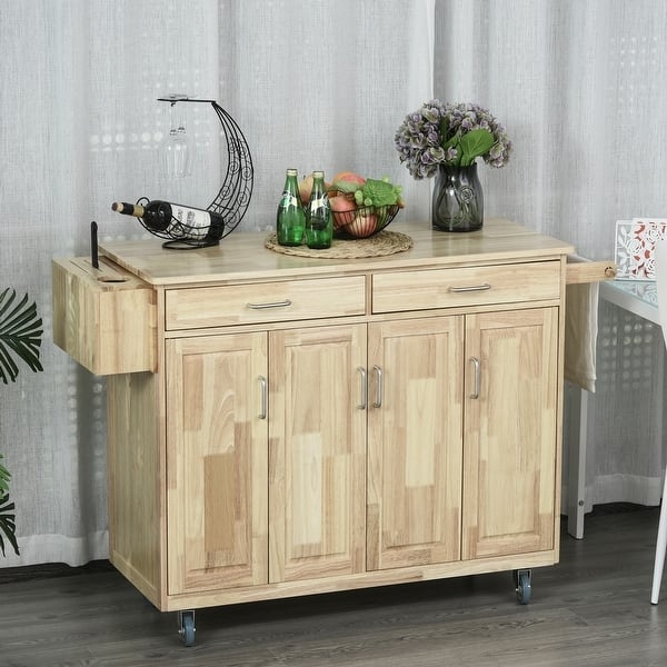 Mobile Kitchen Island Light Wood with Integrated Knife Block Storage