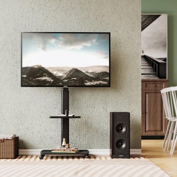 Mobile TV Cart with Slim Profile and Integrated Media Shelf.