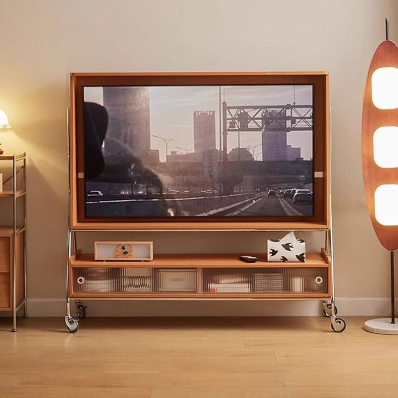Mobile TV Stand, Ribbed Glass Cabinet, Integrated TV Frame