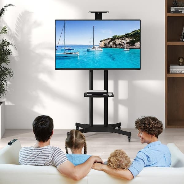 Mobile TV Stand with Locking Casters, Dual Post Frame Black Rolling Cart