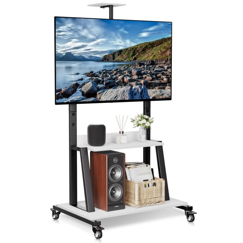 Mobile TV Stand with White and Black Contrast, 3-Tier Storage.