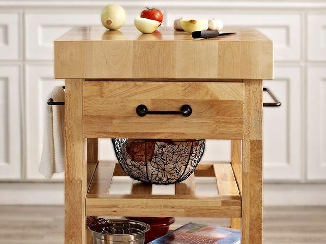 Mobile White Kitchen Cart with Butcher Block Top and Locking Casters