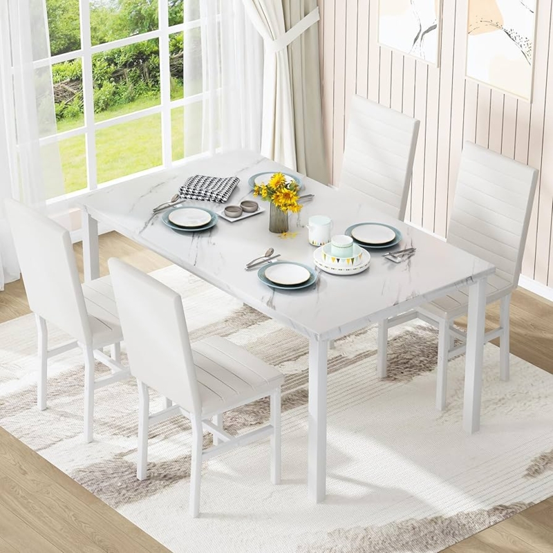 Modern 5 Piece Dining Set Faux Marble Top Leather Like Chairs