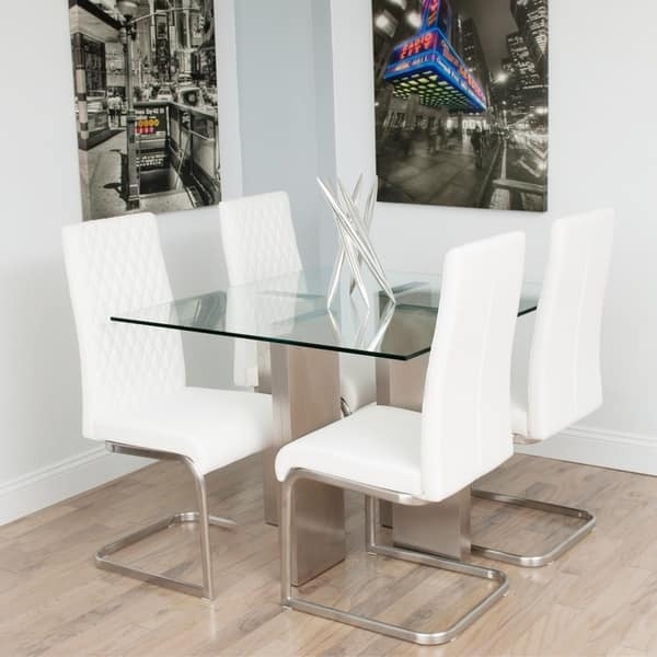 Modern 5-Piece Dining Set Glass Top Cantilever Chairs Quilted Back