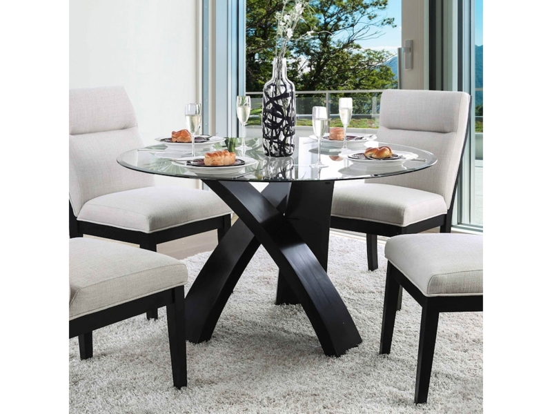 Modern 5-Piece Dining Set: Round Glass Table, Black X-Base, Grey Chairs