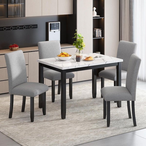 Modern 5 Piece Dining Set with Gray Nailhead Chairs