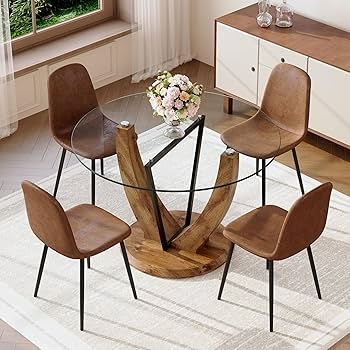 Modern 5 Piece Dining Set with Sculptural Wood Pedestal