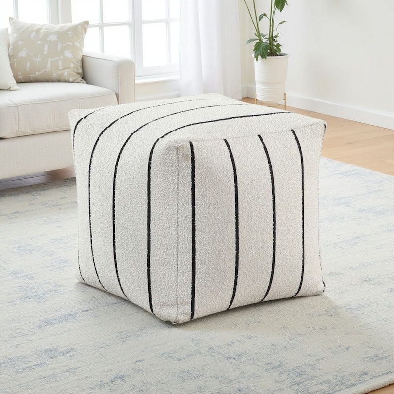 Modern Black and White Striped Square Pouf, Textured Boucle Cube