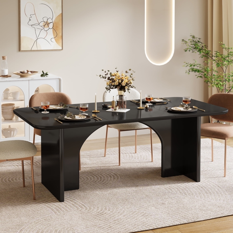Modern Black Dining Table featuring Unique Arch Legs and Pedestal Base