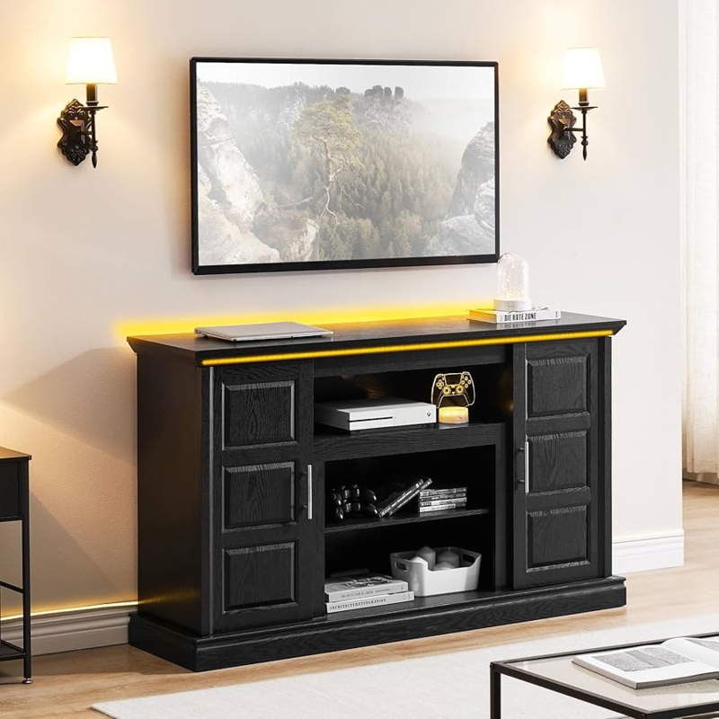 Modern Black Farmhouse TV Stand with LED Accent Lighting
