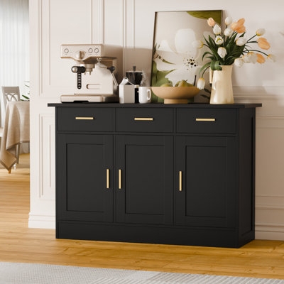 Modern Black Fluted Sideboard with Gold Tab Pull Handles
