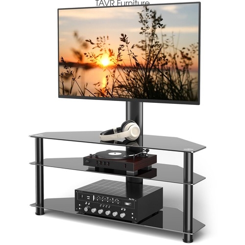 Modern Black Glass Tv Stand with Swivel Mount and Three Tier Design.