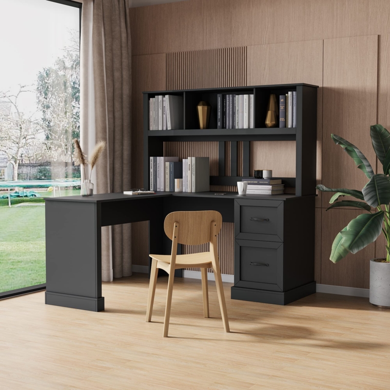 Modern Black L-shaped Desk with Hutch and Storage Drawers