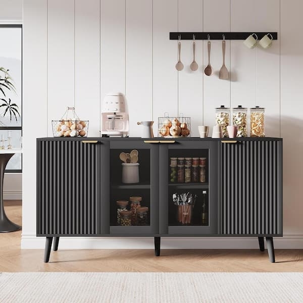 Modern Black Sideboard with Fluted and Glass Panel Doors
