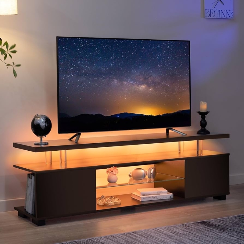 Modern Black TV Stand with Floating Tier Design and LED Lighting