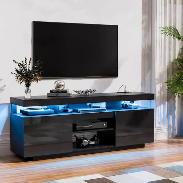 Modern Black TV Stand with Integrated Power Outlets