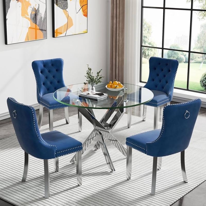 Modern Blue Velvet Dining Set with Round Glass Table and Chrome Base