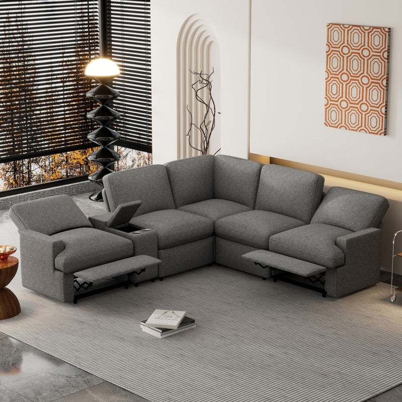 Modern Charcoal Reclining Sectional with Storage Console