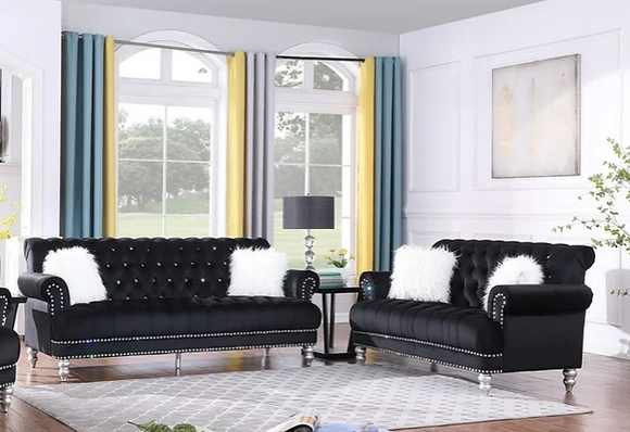 Modern Chesterfield Sofa Set, Silver Nailhead Trim, Velvet-Like Fabric.