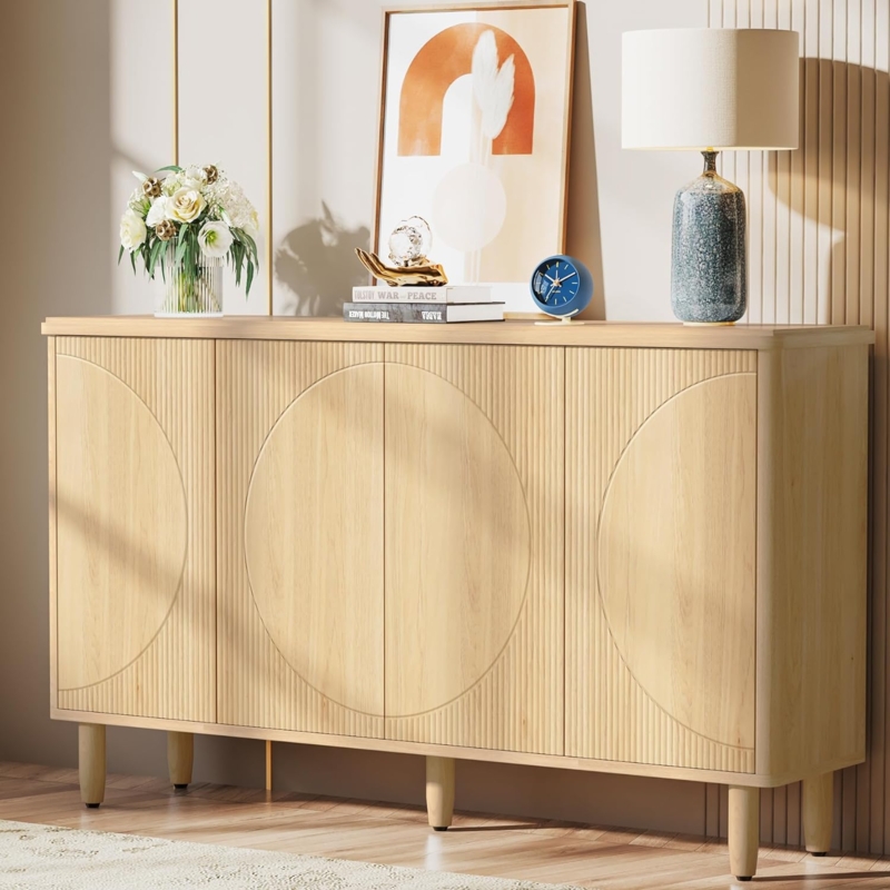 Modern Circular Credenza with Ribbed Light Wood Front