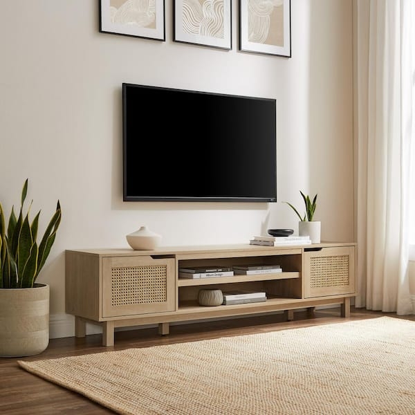 Modern Coastal TV Stand with Faux Rattan Doors and Block Legs
