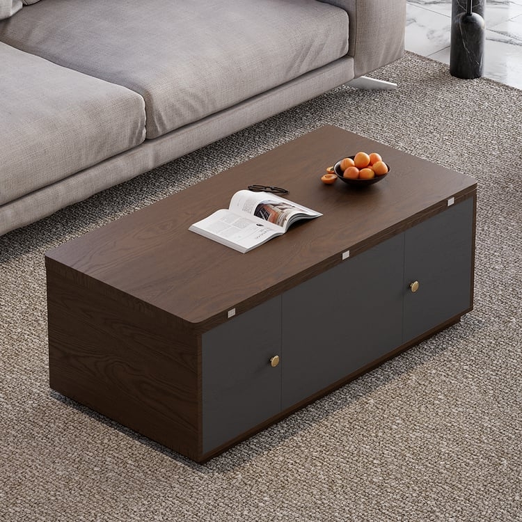 Modern Coffee Table with Charcoal Storage Cabinets and Walnut Grain