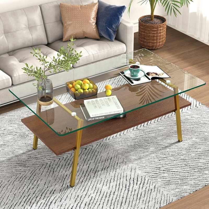 Modern Coffee Table with Glass Top, Walnut Shelf, and Tapered Gold Legs