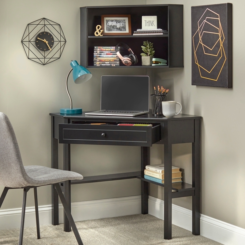 Modern Corner Desk Set, Wall-Mounted Hutch, Matte Black Finish