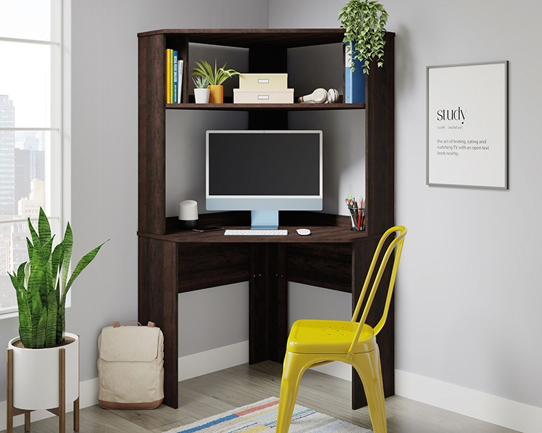 Modern Corner Desk with Hutch, Dark Espresso Finish, Open Shelves