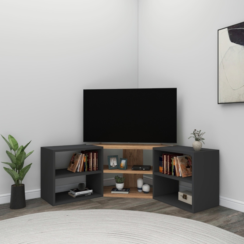Modern Corner TV Stand Two Tone Charcoal Grey and Light Wood Finish