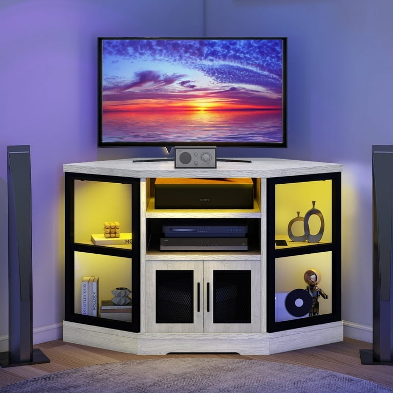 Modern Corner TV Stand White Oak Amber LED Lights Glass Doors