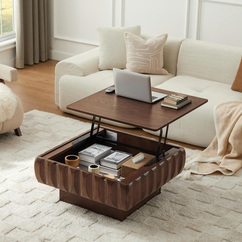 Modern Dark Wood Lift Top Coffee Table Ribbed Surface Hidden Storage