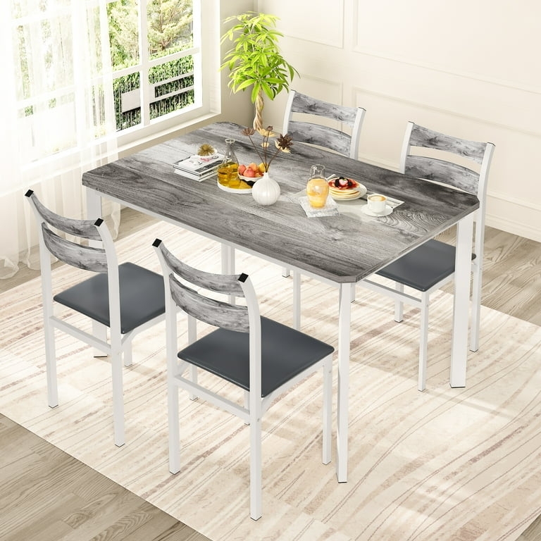 Modern Dining Set 5-Piece Dinette Wood And Metal White Legs Gray Grain