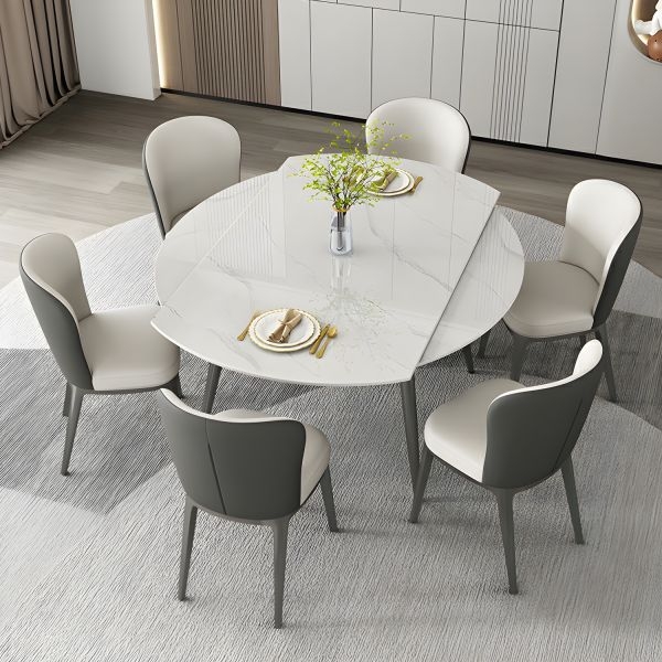 Modern Dining Set Extendable White Stone Table Veined Pattern