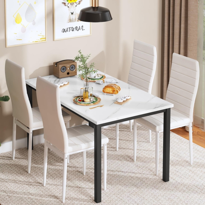 Modern Dining Set, Faux Marble Top with Ribbed Back Chairs