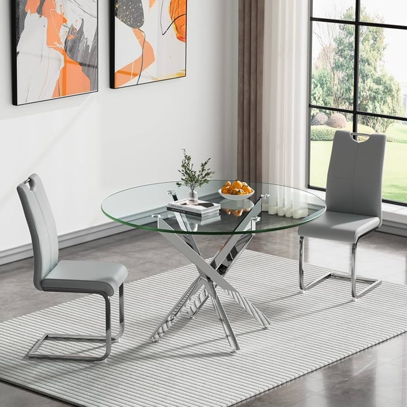 Modern Dining Set Glass Table Grey Cantilever Chairs Chrome X-Base