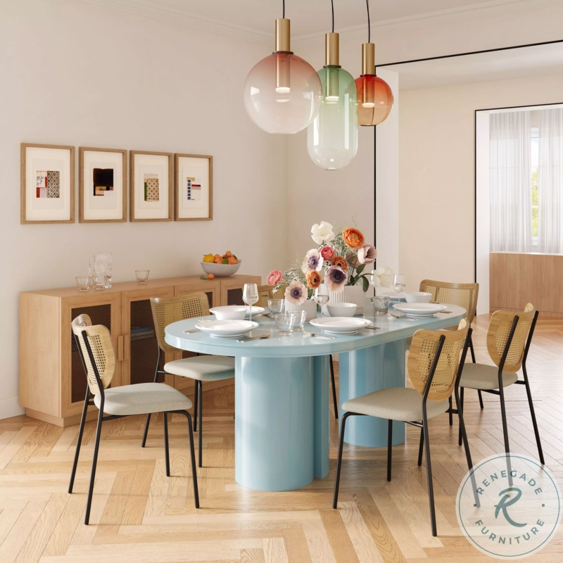 Modern Dining Set, Light Blue Lacquer Oval Pedestal Table