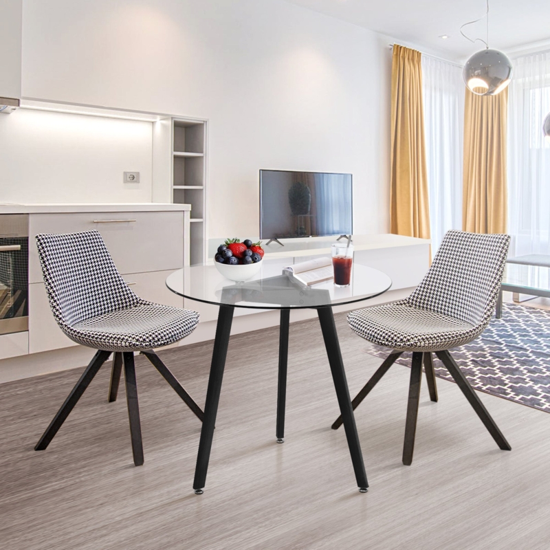 Modern Dining Set: Round Glass Table, Houndstooth Upholstered Chairs