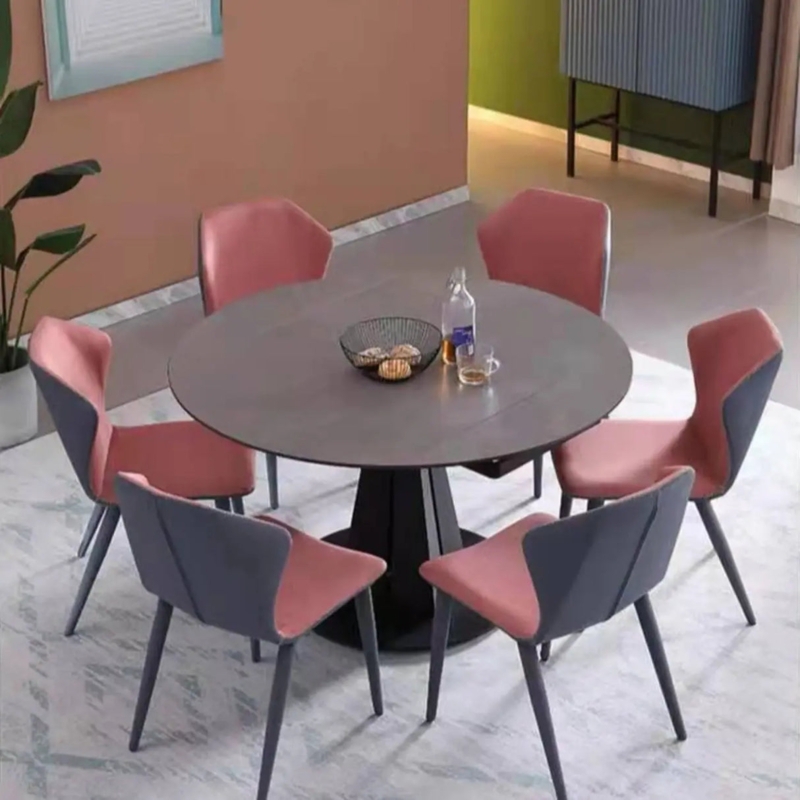 Modern Dining Set Round Stone Look Table Two Tone Pink Chairs