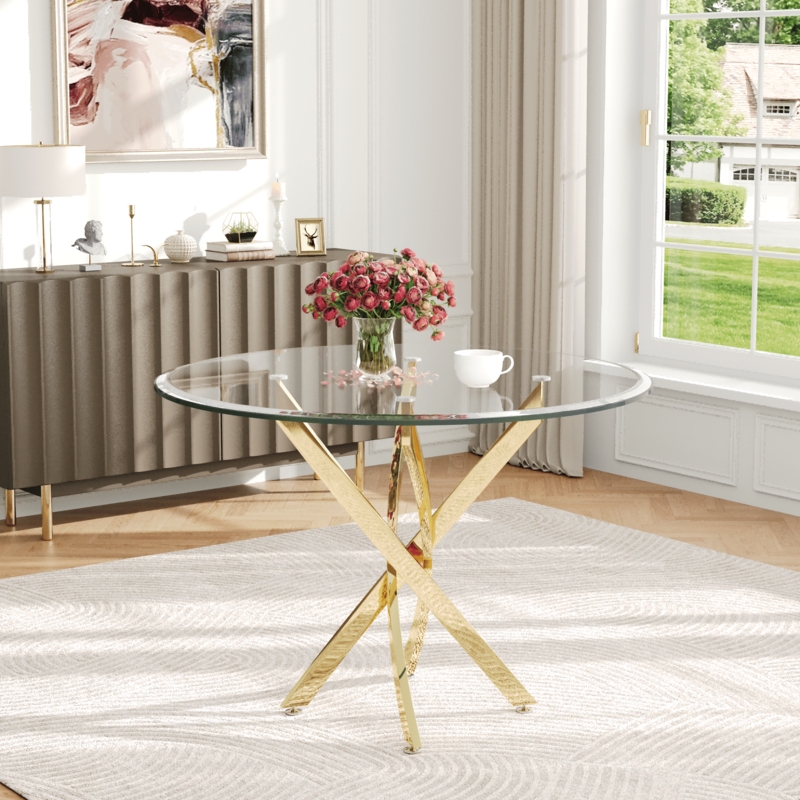 Modern Dining Table: Round Glass Top, Interlocking Gold Base