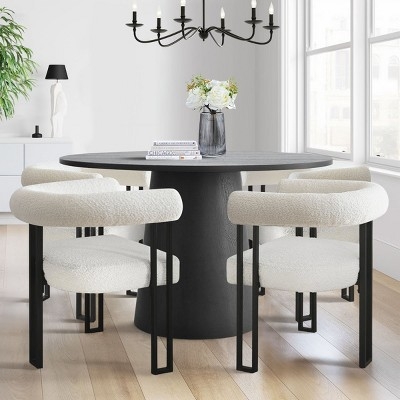 Modern Dining Table Set White Boucle Chairs Matte Black Pedestal